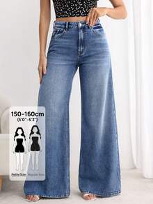 SHEIN PETITE Women's Casual Daily Denim Wide Leg Pants With Pockets And Buttons - Medium Wash - View 8