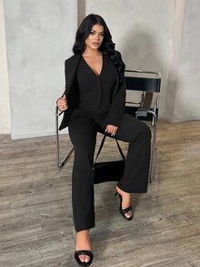 SHEIN SXY 三件套：深蓝色长袖西装外套、马甲和长裤，性感通勤约会套装，适合秋冬季、商务、复古、派对、度假、外出、老钱、妩媚动人、舞会、情人节、邮轮旅行、通勤、层次感丰富的搭配、约会之夜、聚会、极简主义、生日、正式场合、休息、端庄、时尚、休闲、购物、街头风、外出、秋季 - 黑色 - 查看 5