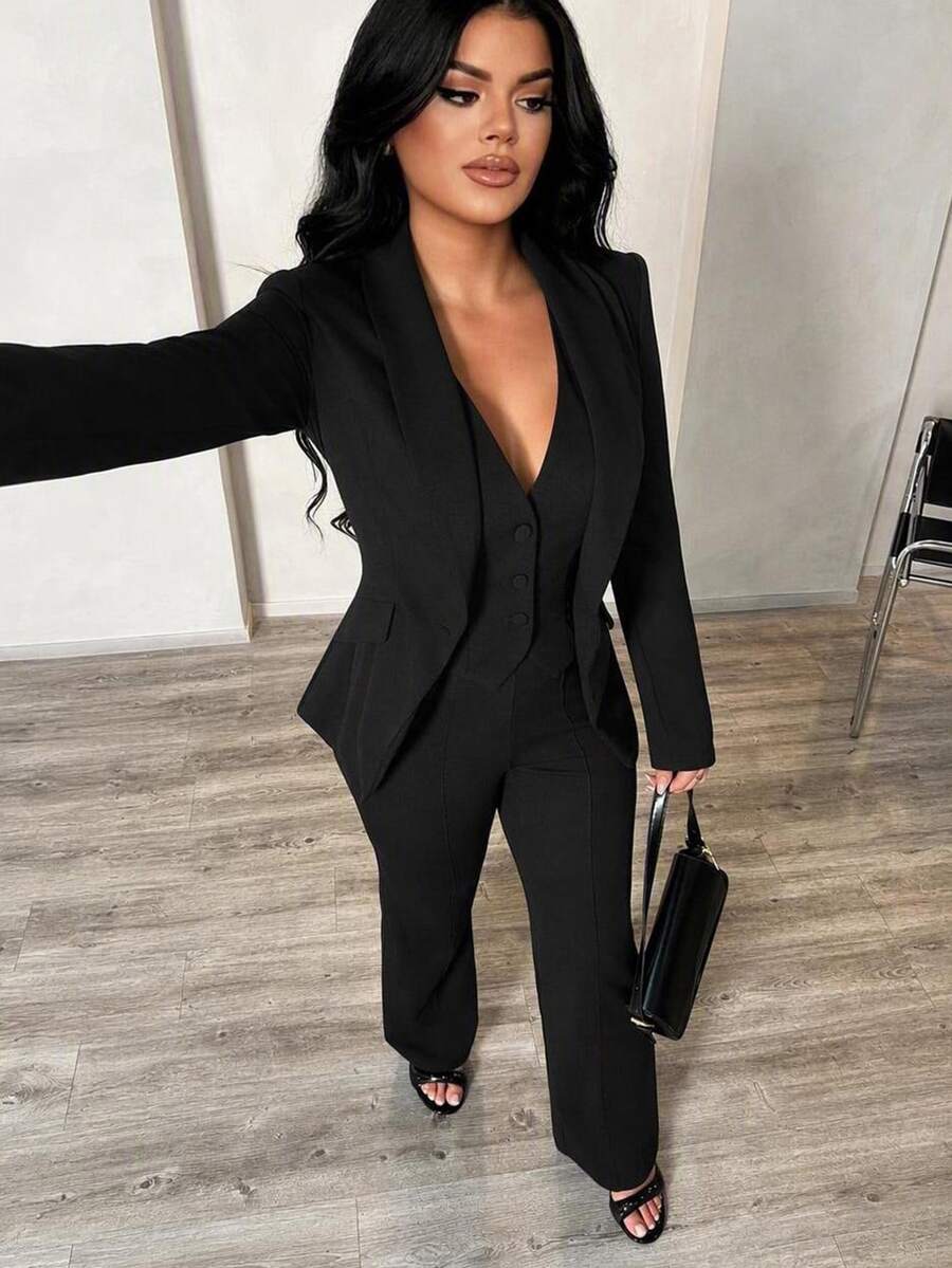 SHEIN SXY 三件套:深蓝色长袖西装外套、马甲和长裤,性感通勤约会套装,适合秋冬季、商务、复古、派对、度假、外出、老钱、妩媚动人、舞会、情人节、邮轮旅行、通勤、层次感丰富的搭配、约会之夜、聚会、极简主义、生日、正式场合、休息、端庄、时尚、休闲、购物、街头风、外出、秋季 - 黑色 - 查看 1