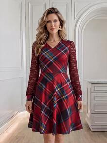 Medorina Formal Business, Plaid Long Sleeve, Sheer Lace Dress, Burgundy Red Blue, V Neck A-Line Belted, Wedding Guest Party, Christmas Holiday, Autumn Winter - Multicolor - View 4