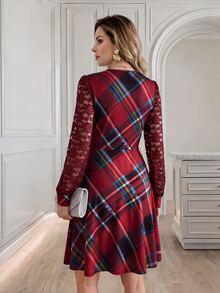 Medorina Formal Business, Plaid Long Sleeve, Sheer Lace Dress, Burgundy Red Blue, V Neck A-Line Belted, Wedding Guest Party, Christmas Holiday, Autumn Winter - Multicolor - View 2