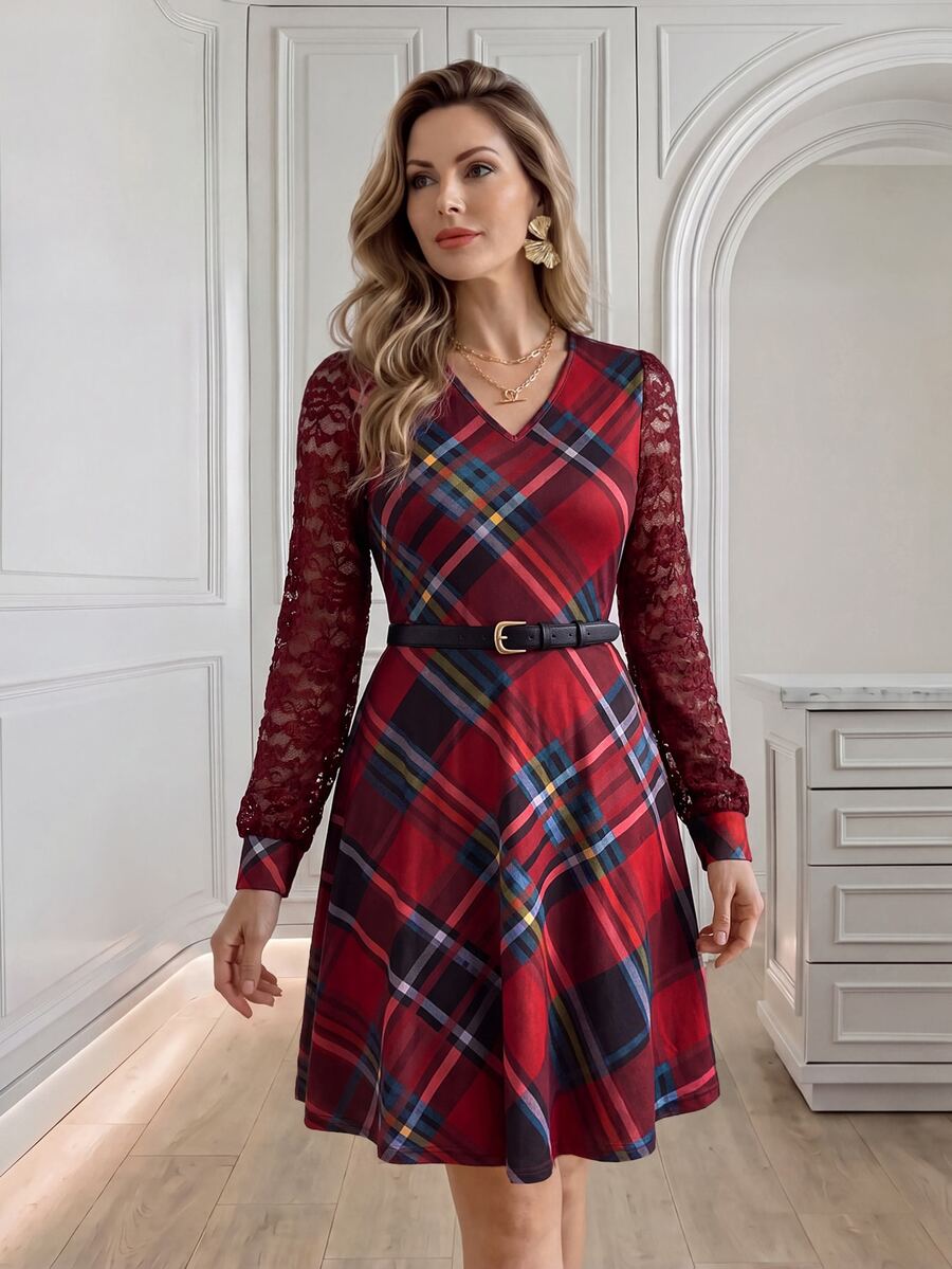 Medorina Formal Business, Plaid Long Sleeve, Sheer Lace Dress, Burgundy Red Blue, V Neck A-Line Belted, Wedding Guest Party, Christmas Holiday, Autumn Winter - Multicolor - View 1