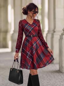Medorina Formal Business, Plaid Long Sleeve, Sheer Lace Dress, Burgundy Red Blue, V Neck A-Line Belted, Wedding Guest Party, Christmas Holiday, Autumn Winter - Multicolor - View 6