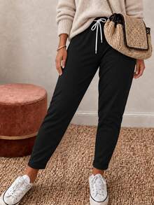 INAWLY Plus Size Women Drawstring Waist Casual Versatile Daily Wear Long Pants - Black - View 1