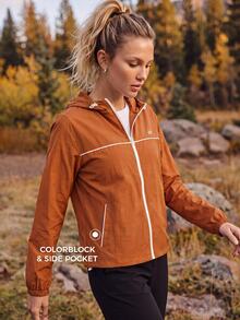 In My Nature Women's Outdoor Striped Colorblock Zipper Hooded Minimalist Jacket Orange Crinkle Water Repellent Hooded Full White Contrast Drawstring Hem Fall For - Orange - View 2