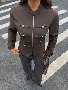Siren Gaze Jaket Lengan Panjang Wanita Kasual Vintage Elegan Serbaguna dengan Resleting untuk Perjalanan Sehari-hari, Warna Cokelat Tua, Cocok untuk Musim Gugur - Coklat - View 6