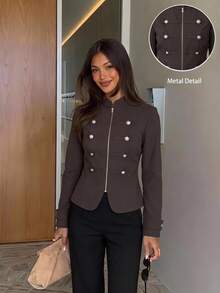 Siren Gaze Jaket Lengan Panjang Wanita Kasual Vintage Elegan Serbaguna dengan Resleting untuk Perjalanan Sehari-hari, Warna Cokelat Tua, Cocok untuk Musim Gugur - Coklat - View 1