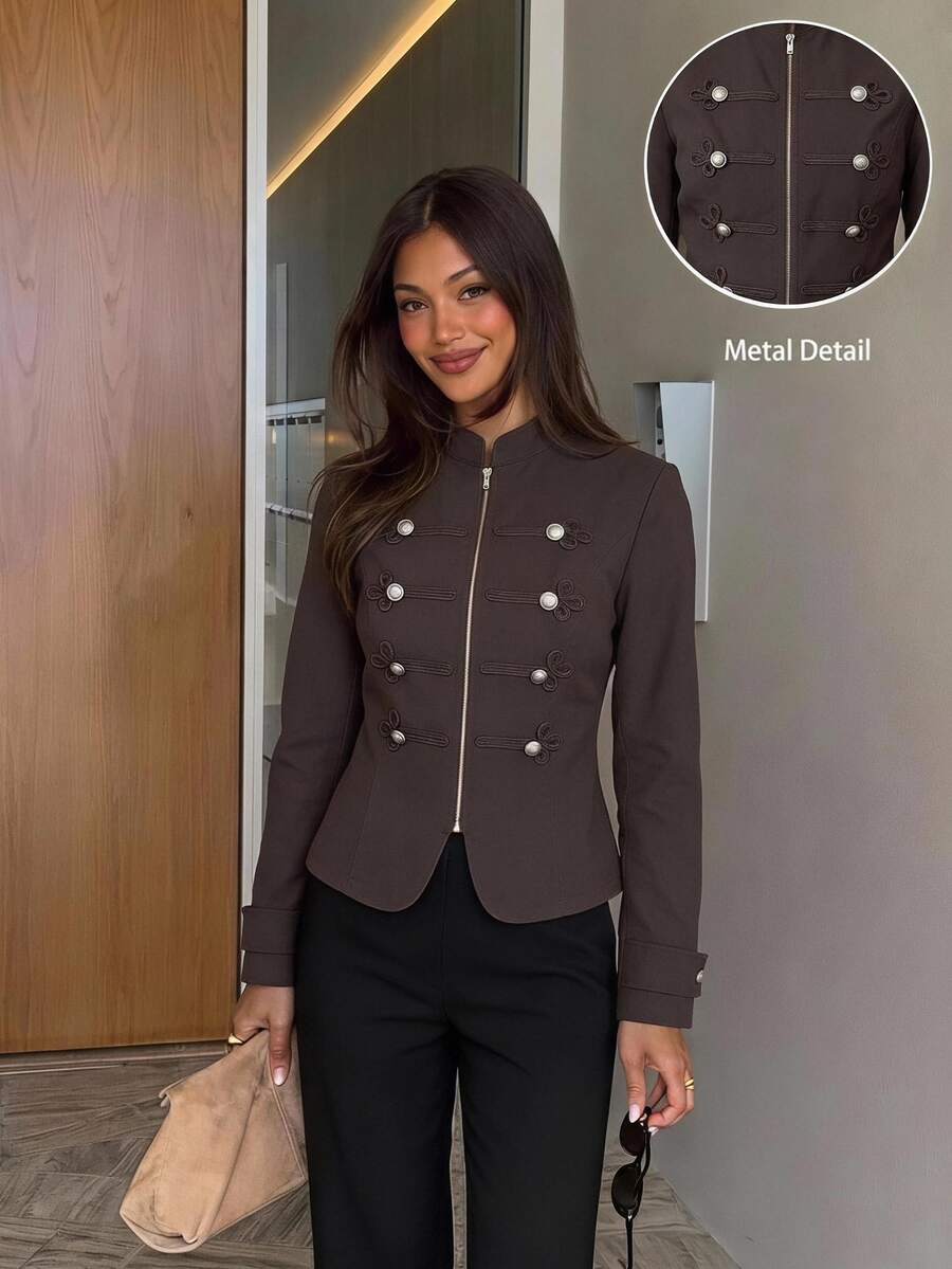 Siren Gaze Jaket Lengan Panjang Wanita Kasual Vintage Elegan Serbaguna dengan Resleting untuk Perjalanan Sehari-hari, Warna Cokelat Tua, Cocok untuk Musim Gugur - Coklat - View 1