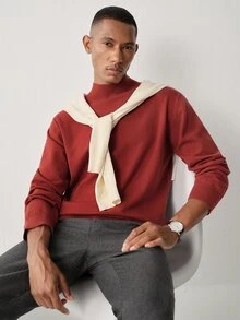 Manfinity Homme Men's Casual Versatile Solid Color Stand Collar Sweater,Christmas Elements,Cute Christmas Pullover Sweater , Unisex Style,Fall/Winter - Rust Brown - View 6