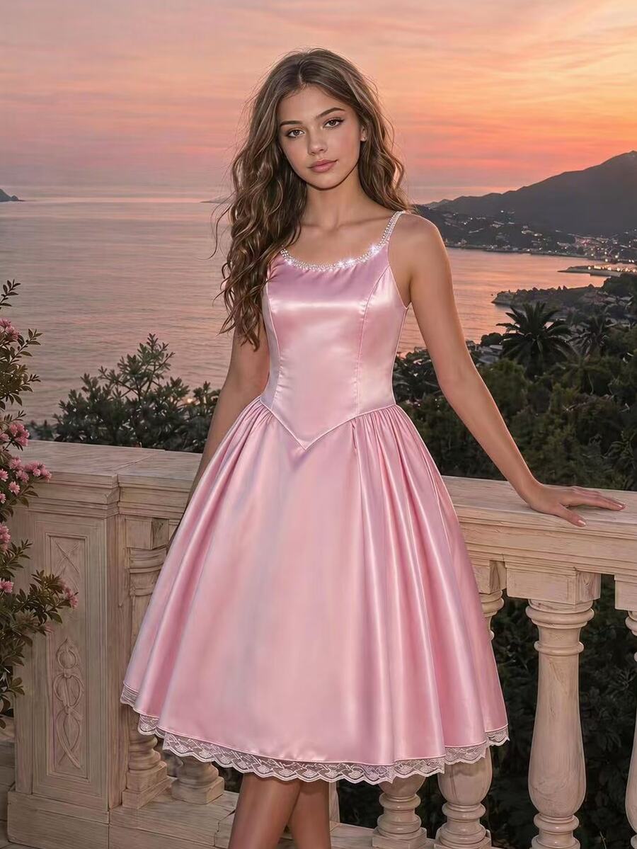 Teen Girls Elegant Pink Satin Spaghetti Strap Dress With Contrast Lace Hem, Cute Slit Slip Party Mini Dress For Tweens - Pink - View 1