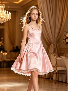 Teen Girls Elegant Pink Satin Spaghetti Strap Dress With Contrast Lace Hem, Cute Slit Slip Party Mini Dress For Tweens - Pink - View 7
