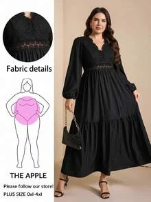 Comfylo Plus Size Elegant Commuter Solid Color Lace Patchwork Dress - Black - View 16