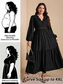 Comfylo Plus Size Elegant Commuter Solid Color Lace Patchwork Dress - Black - View 1