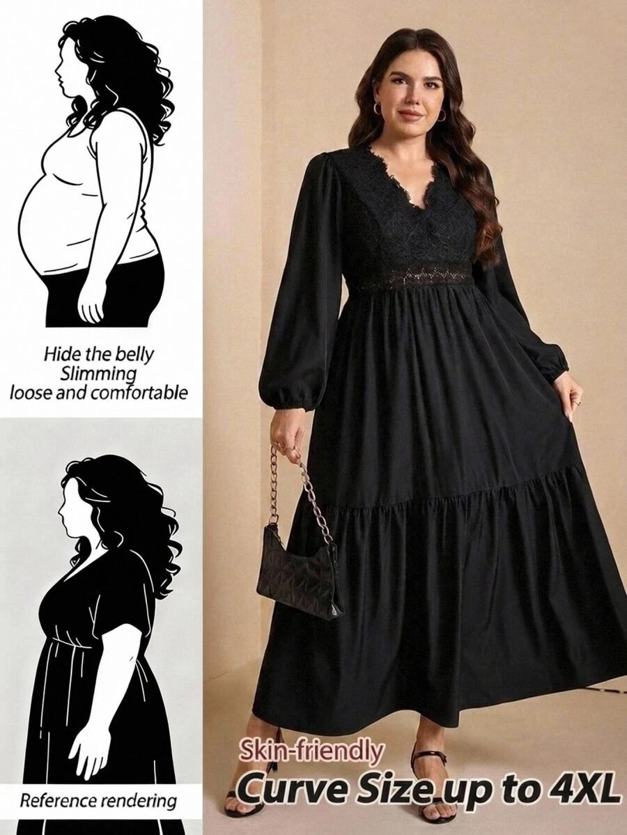Comfylo Plus Size Elegant Commuter Solid Color Lace Patchwork Dress - Black - View 1