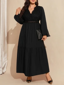 Comfylo Plus Size Elegant Commuter Solid Color Lace Patchwork Dress - Black - View 8
