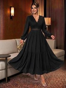 Comfylo Plus Size Elegant Commuter Solid Color Lace Patchwork Dress - Black - View 17