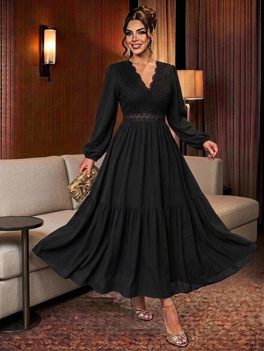 Comfylo Plus Size Elegant Commuter Solid Color Lace Patchwork Dress Brunch Dinner Party Black Autumn - Black - View 1
