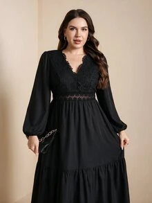 Comfylo Plus Size Elegant Commuter Solid Color Lace Patchwork Dress - Black - View 18