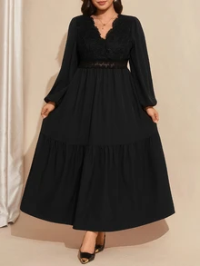 Comfylo Plus Size Elegant Commuter Solid Color Lace Patchwork Dress - Black - View 12
