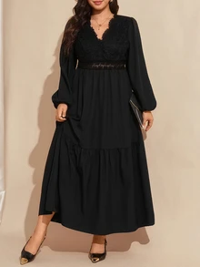 Comfylo Plus Size Elegant Commuter Solid Color Lace Patchwork Dress - Black - View 13