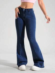 SHEIN PETITE Women's Casual Street Style Seam Front Flare Jeans, Belt Not Included ,Petite Women - Dark Wash - View 5