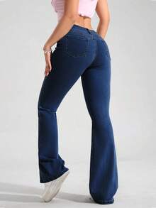 SHEIN PETITE Women's Casual Street Style Seam Front Flare Jeans, Belt Not Included ,Petite Women - Dark Wash - View 2