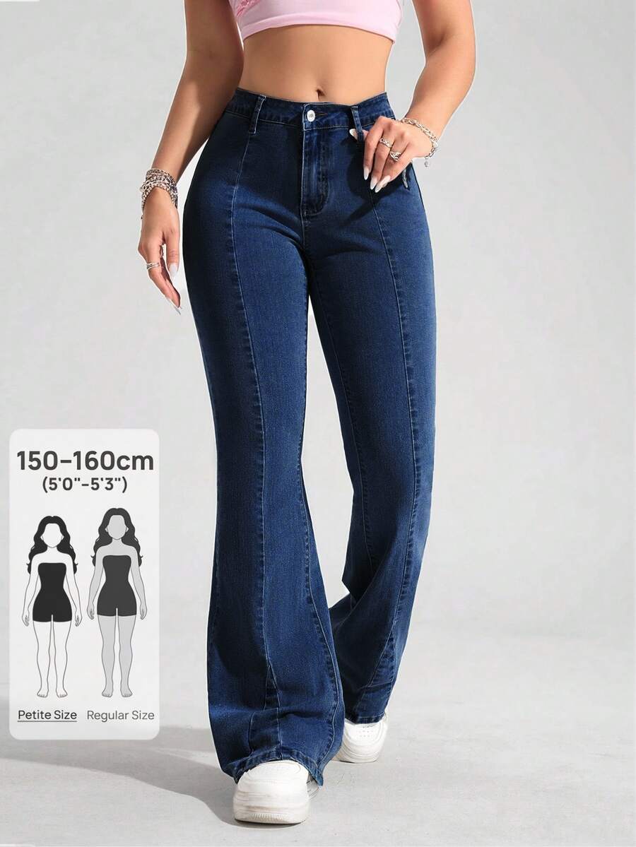 SHEIN PETITE Women's Casual Street Style Seam Front Flare Jeans, Belt Not Included ,Petite Women - Dark Wash - View 1