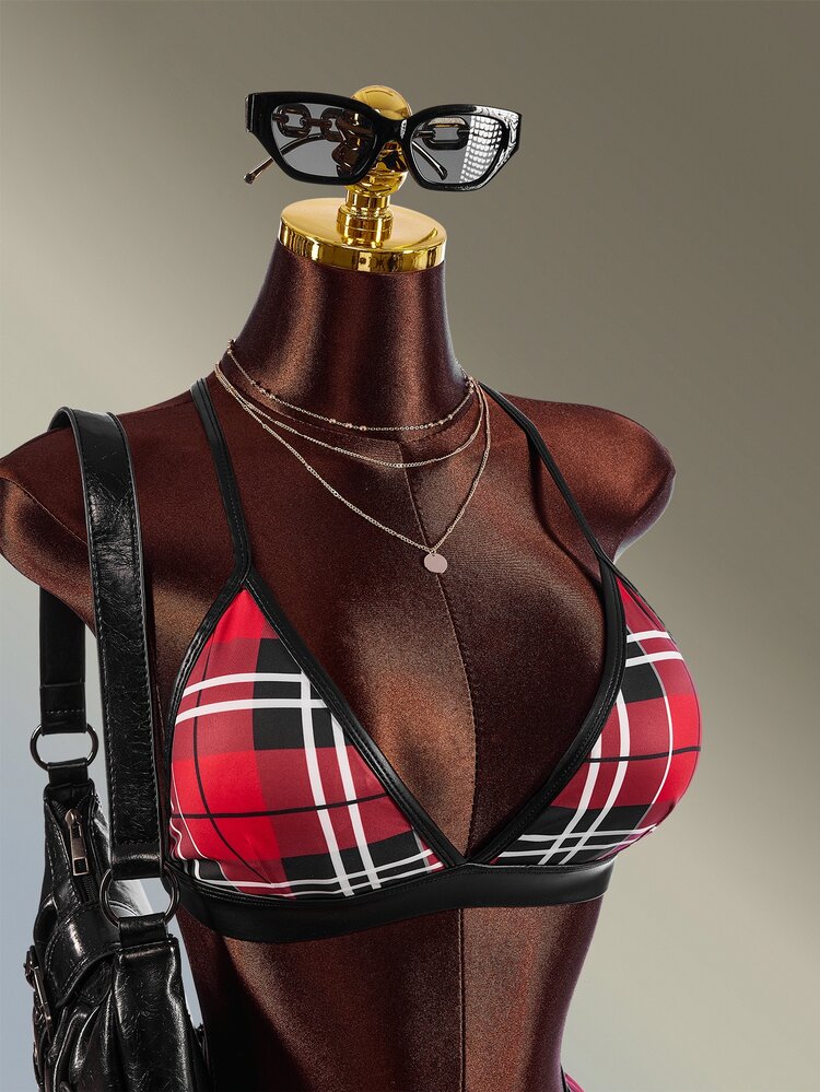 Amplova Women's Plaid Halter Top And Pleated Mini Skirt Sports Set Sexy Sport Bra Halloween Summer Winter Red Goth Daily Wear Built-In Leggings Design - Red - View 10