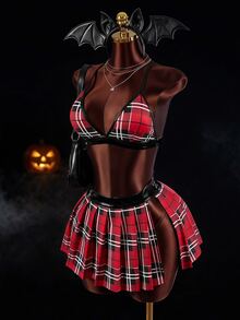 Amplova Women's Plaid Halter Top And Pleated Mini Skirt Sports Set Sexy Sport Bra Halloween Summer Winter Red Goth Daily Wear Built-In Leggings Design - Red - View 2