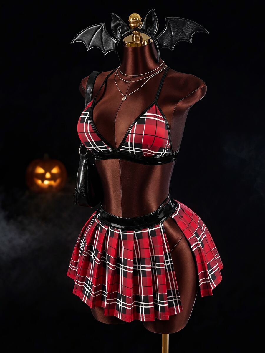 Amplova Women's Plaid Halter Top And Pleated Mini Skirt Sports Set Sexy Sport Bra Halloween Summer Winter Red Goth Daily Wear Built-In Leggings Design