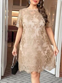 Reflora Plus Size Summer Elegant Embroidered Mesh Dress Formal Wedding Beige - Champagne - View 8