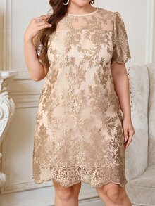 Reflora Plus Size Summer Elegant Embroidered Mesh Dress Formal Wedding Beige - Champagne - View 3
