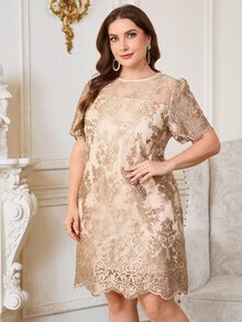 Reflora Plus Size Summer Elegant Embroidered Mesh Dress Formal Wedding Beige - Champagne - View 5