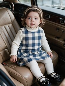 Souflis Souflis 2件組幼女甜美學院風藍白格紋吊裙，口袋設計、無袖小立領、生日派對秋季假期優雅A字版型 - 藏蓝色 - 查看 7
