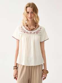 Florisole Women's Summer Bohemian Style Embroidered Round Neck Short Sleeve Casual Apricot Shirt - Apricot - View 3