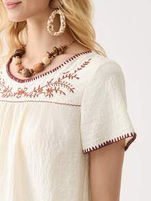 Florisole Women's Summer Bohemian Style Embroidered Round Neck Short Sleeve Casual Apricot Shirt - Apricot - View 2