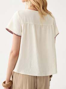Florisole Women's Summer Bohemian Style Embroidered Round Neck Short Sleeve Casual Apricot Shirt - Apricot - View 6