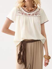 Florisole Women's Summer Bohemian Style Embroidered Round Neck Short Sleeve Casual Apricot Shirt - Apricot - View 5