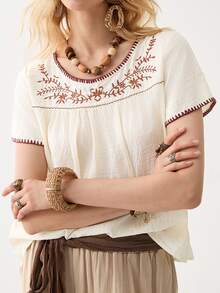 Florisole Women's Summer Bohemian Style Embroidered Round Neck Short Sleeve Casual Apricot Shirt - Apricot - View 4