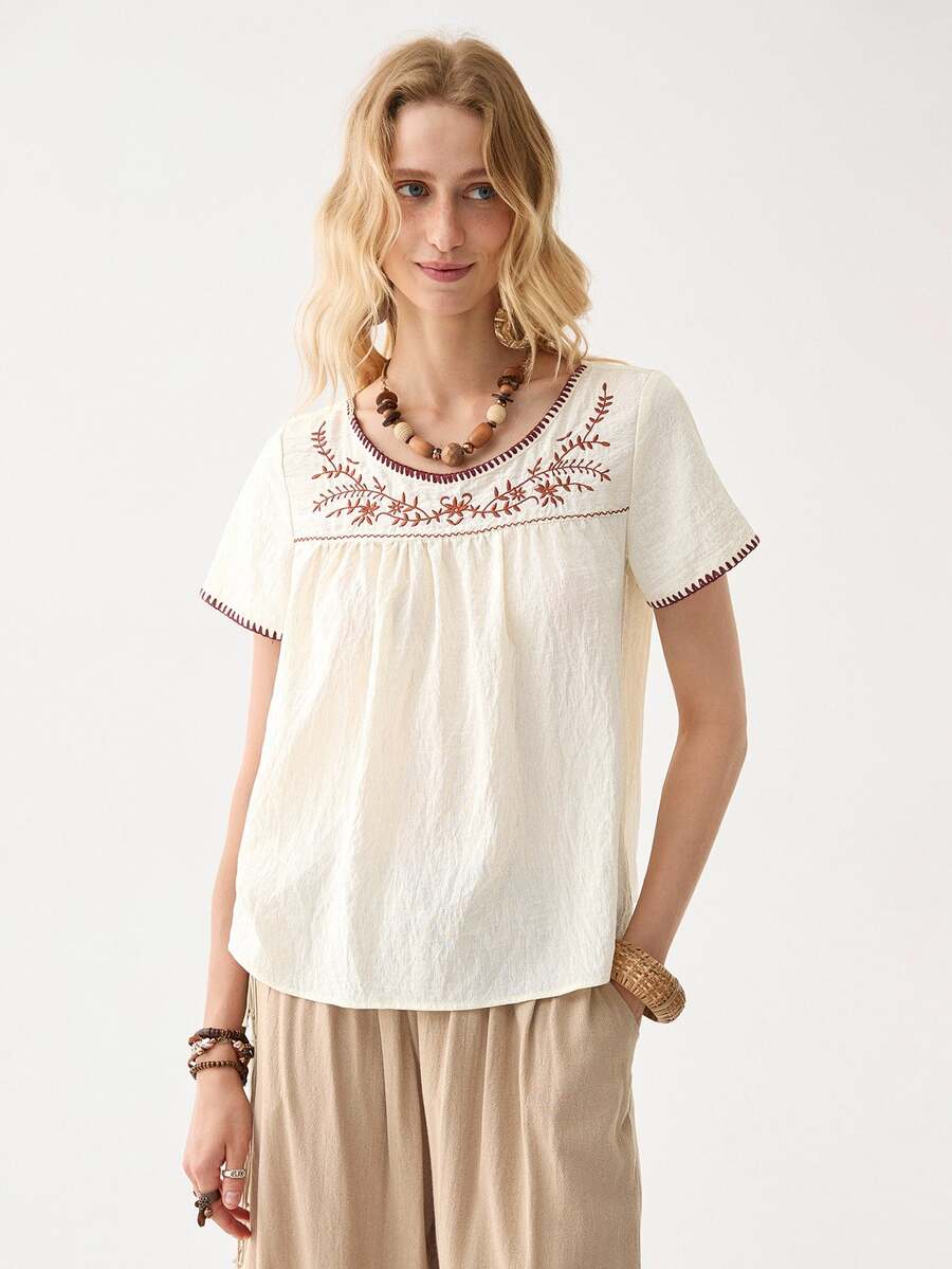 Florisole Women's Summer Bohemian Style Embroidered Round Neck Short Sleeve Casual Apricot Shirt - Apricot - View 1