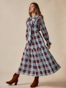 Florisole 女士休闲格子荷叶边长袖连衣裙，适合度假穿着，格子连衣裙，方格连衣裙，系带连衣裙，秋季连衣裙 - 彩色 - 查看 5