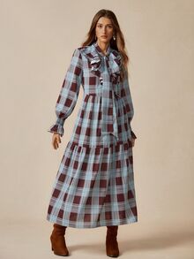 Florisole 女士休闲格子荷叶边长袖连衣裙，适合度假穿着，格子连衣裙，方格连衣裙，系带连衣裙，秋季连衣裙 - 彩色 - 查看 4