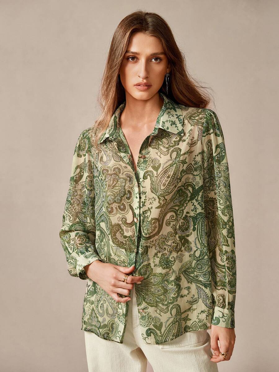 Florisole Bohemian Paisley Chiffon Gold Thread Casual Women Blouse Fall Cloth For Women - Green - View 1