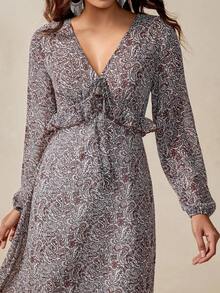 Florisole Women's Elegant Boho Casual Paisley Floral Ruffle Hem Long Sleeve Ruched Dress Date Light Grey Autumn - Brown - View 4