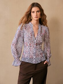 Florisole Women's Elegant Casual Paisley Print Ruffle Hem Waist Long Sleeve Blouse, Autumn - Multicolor - View 1