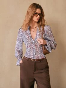 Florisole Women's Elegant Casual Paisley Print Ruffle Hem Waist Long Sleeve Blouse, Autumn - Multicolor - View 3