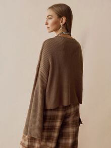 Florisole Women's Vintage Bohemian Ribbed Knit Minimalist Sweater, Autumn/Winter - Khaki - View 7
