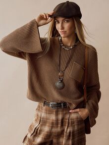 Florisole Women's Vintage Bohemian Ribbed Knit Minimalist Sweater, Autumn/Winter - Khaki - View 1