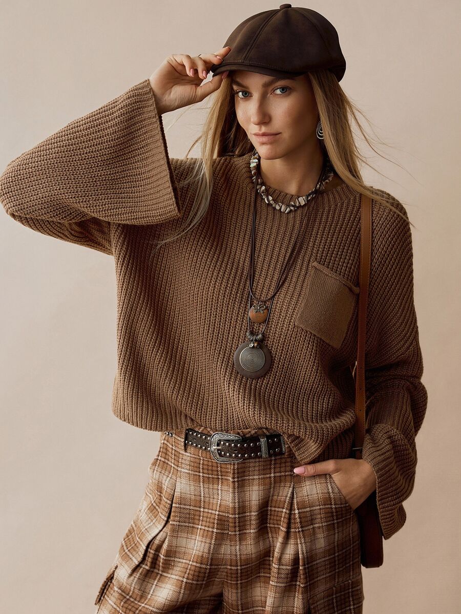Florisole Women's Vintage Bohemian Ribbed Knit Minimalist Sweater, Autumn/Winter - Khaki - View 1