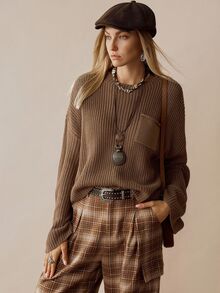 Florisole Women's Vintage Bohemian Ribbed Knit Minimalist Sweater, Autumn/Winter - Khaki - View 4